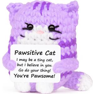 Positive Crochet Cat Mini Animal Emotional Cheer Up Support Gifts, Inspirational Crochet Handmade Kitten for Women Men Friends Mom Daughter Son Teen Birthday Mothers Day Decor Graduation Gift (Purple)