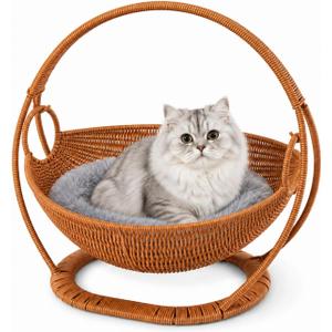 Wicker Cat Bed Elevated Cat Lounger Multifunctional Pet Furniture with Removable Cushion for Indoor Pets