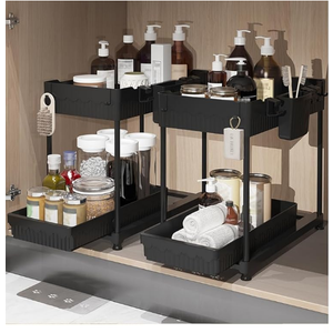 Sevenblue Bathroom Organizers and Storage, Under Sink Organizers and Storage Black, 2 Pack Bathroom Storage Organizer Black