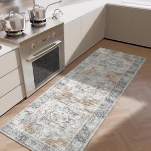 Machine Washable Runner Rug for Kitchen: 2'x6' Hallway Runner Rug Stain Resistant Non Slip Boho Floor Rug with Rubber Backing Non Shedding Soft Carpet Runners for Indoor Entryway Bedroom Bedside (Grey and Orange)