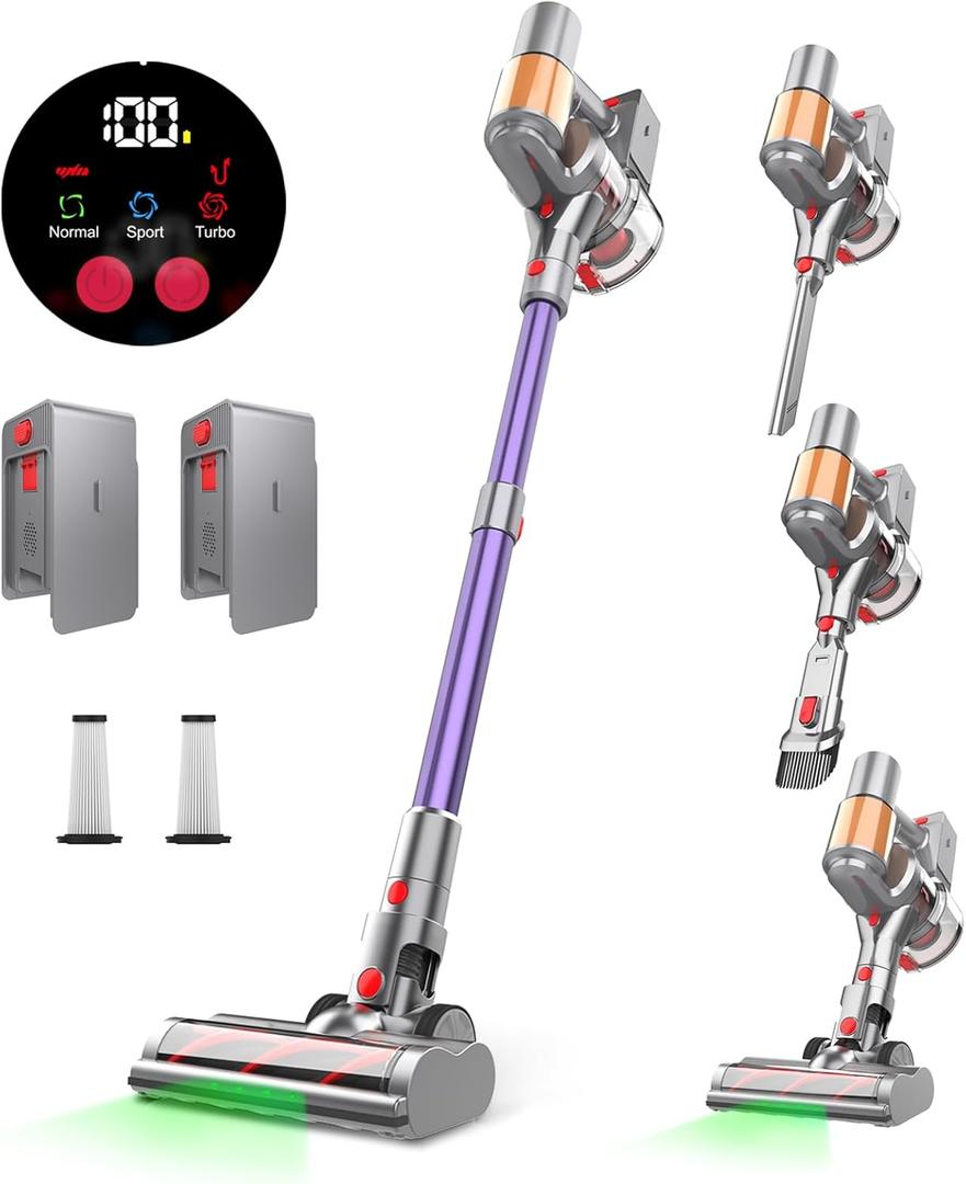 Cordless Vacuum Cleaner, 2 Batteries 120 Mins Runtime Vacuum Cleaners for Home, 45Kpa 550W Stick Vac with Anti-Tangle Design, Self-Standing, 1.5L Dust Cup, Vacuum for Pet Hair/Carpet/Hardwood Floor