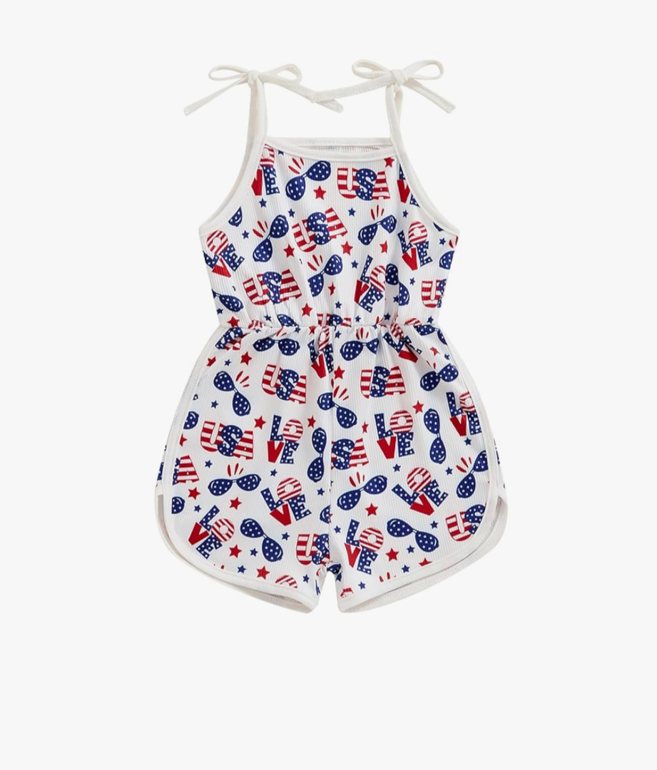 BeQeuewll Toddler girl 4th of July Outfit Tie-up Spaghetti Straps Stars USA Romper, 2T-3T Girls 4th of July Outfits