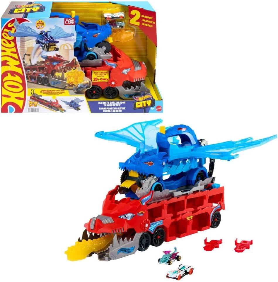 Hot Wheels City Toy Car Track Set, Ultimate Dual Dragon Transporter & 2 Die-Cast Cars, Large-Scale & Detachable Dragon, Stores 20+ Vehicles