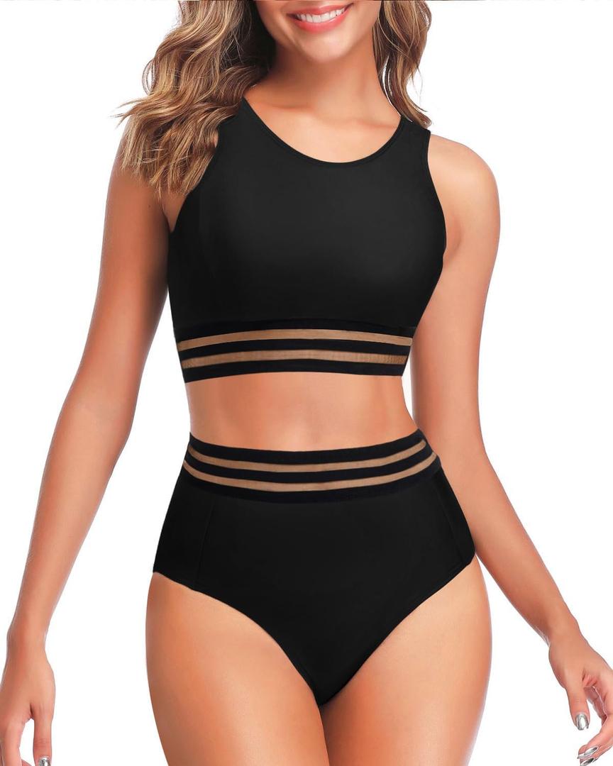 Tempt Me Women Two Piece High Waisted Bikini Set Sporty Swimsuits Bathing Suit with Bottom for Teen Girls (Large)