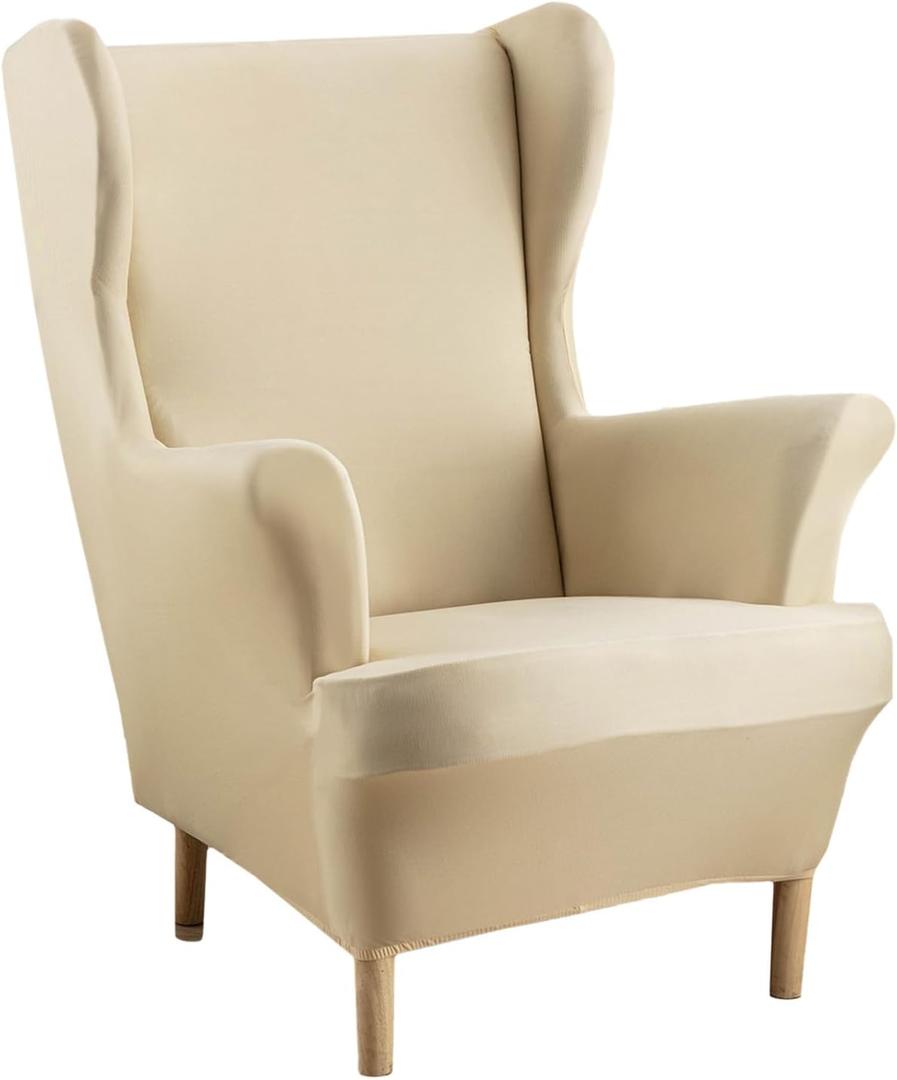 Wingback Chair Covers Stretch Wing Chair Slipcovers with Arms 1 Piece Universal Spandex Fabric Non-Slip Sofa Cover with Elastic Bottom for Living Room Bedroom Large (Beige)