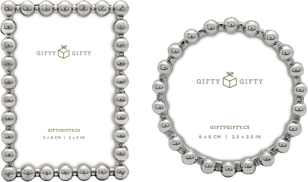 Modern Beaded Mini Frame Set/Set of 2 / 2x3 & 2.5x2.5 In | For Tabletop Display | Perfect for Home Decor, Wedding, Graduation, Or Milestone Photos (Silver) W/Gift Box