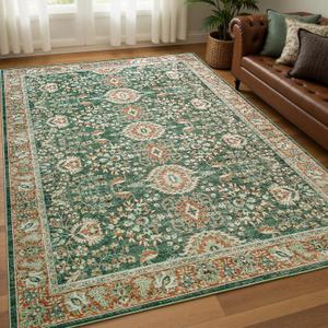 Goideal Washable Rug 4x6, Vintage Area Rugs Non Slip, Indoor Low Pile Carpet with Rubber Backing for Living Room Kitchen Bathroom Entryway Office Bedroom, Green & Orange