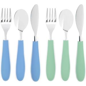 Elk and Friends Kids Silverware with Silicone Handle | Childrens Safe Flatware | Kids Utensils | Spoon + Fork + Knife set | 4 years+ | 6 Pieces (Sage/MistyBlue)