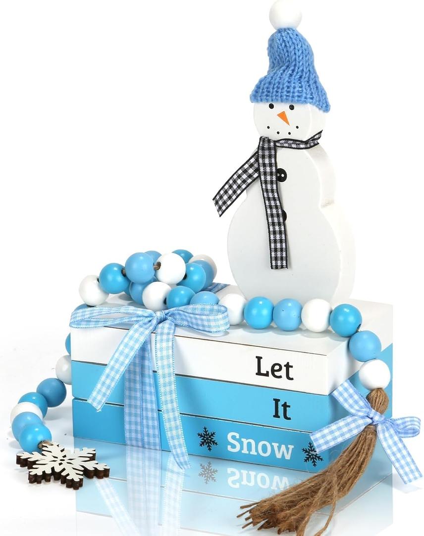 Winter Decorations Wooden Faux Book Stack Snowman Decor with Bead Garland, Winter New Year Tabletop Centerpiece Farmhouse Decor for Tirered Tray Mantel Fireplace Home Shelf Office Desk