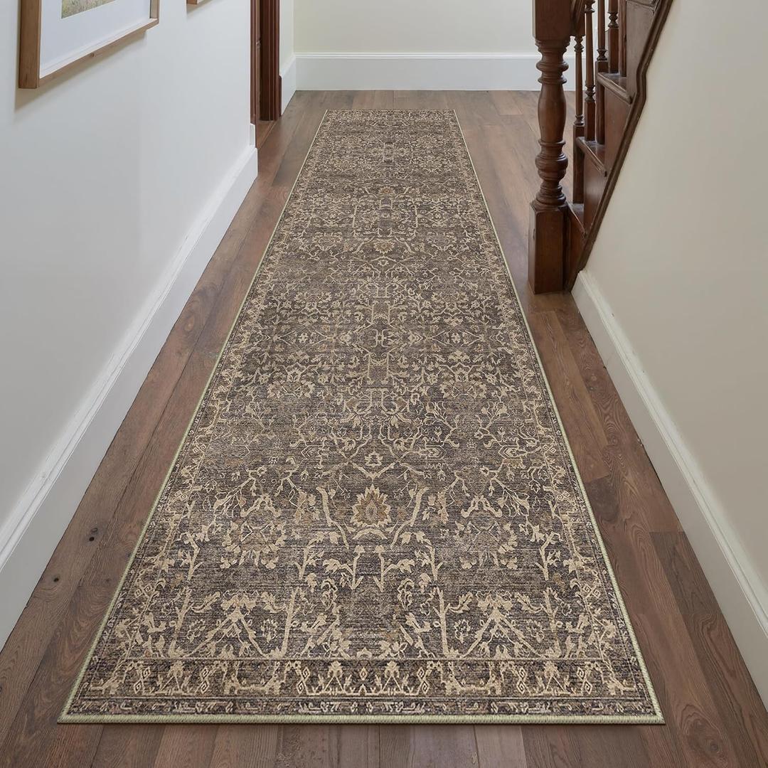 HUGEAR 2'6''x12 Runner Rug Machine Washable Retro Brown Hallway Area Rug Indoor Vintage Rug Floral Low Pile Carpet Soft Throw Rug Bedroom Living Room Office Dining Room Kitchen Laundry Room Non Slip