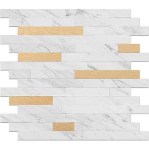 Peel and Stick Backsplash, 10-Sheet Peel and Stick Tiles PVC Wall Tile Stick on Backsplash for Kitchen Fireplace (White Mixed Gold)