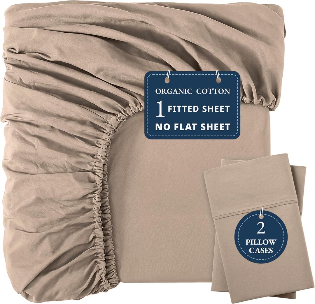 LANE LINEN 100% Organic Cotton Fitted Sheet Queen (+Pillowcases), Soft & Comfy Breathable Naturally Cooling Low Pill Oeko Tex Certified Queen Deep Pocket 15" - Taupe