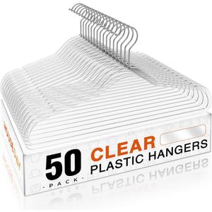 HOUSE DAY Clear Plastic Hangers 50 Pack, Space Saving Clear Hangers for Clothes, Durable Adult Crystal Hanger for Dress, Shirts, Coats, 360 Swivel Hook