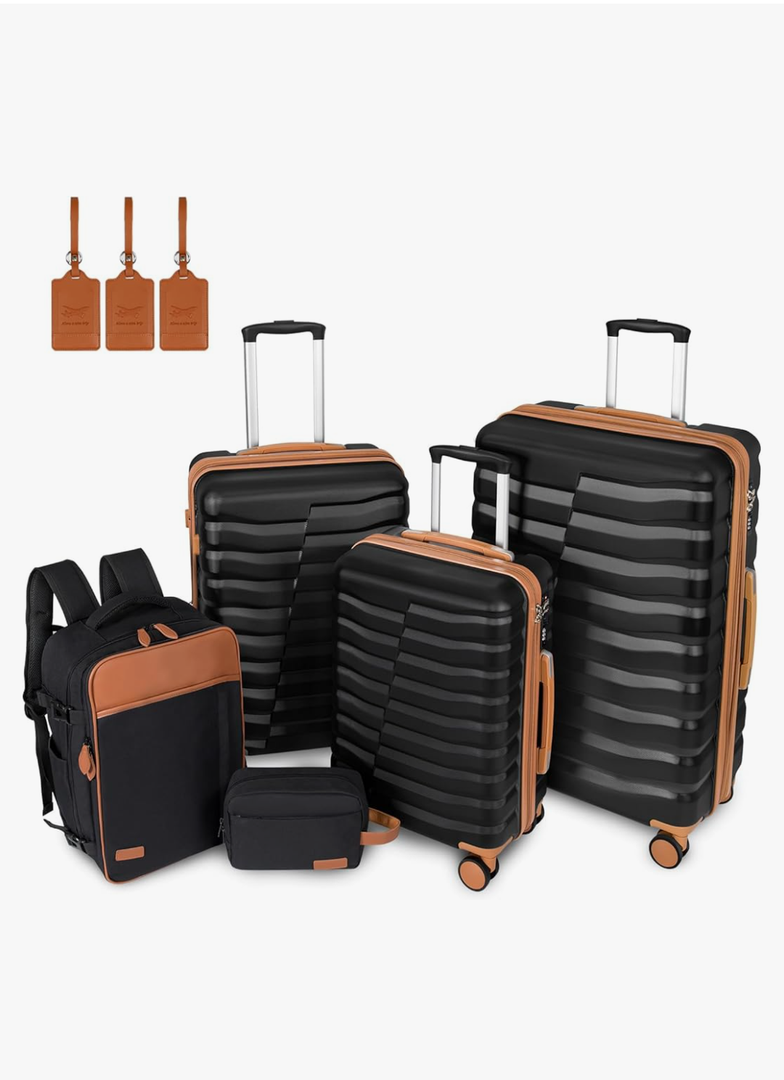 5-Piece Lightweight Luggage with Backpack Sets, ABS+PC Hard Shell Suitcase with TSA Lock & YKK Zipper (Black Brown, 20in/24in/28in/BP/TB)