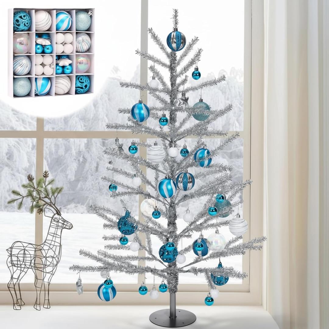 36 Inch Tinsel Christmas Tree, 3 FT Silver Christmas Tree with 42 Pcs Vintage Decorative Balls, Mid-Century Modern Aluminum Xmas Decoration for Home Office Xmas Party Decor