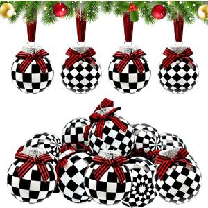 12 Pieces Black and White Winter Balls Black and White Checkered Ball Ornament Farmhouse Christmas Hanging Balls Ornaments with Buffalo Check Bow Christmas Tree Decor for Home