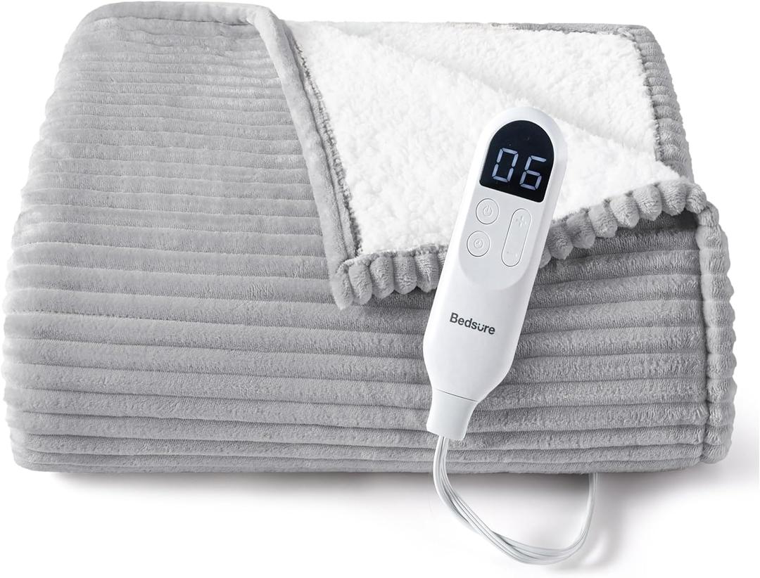 Bedsure GentleSoft Heated Blanket Electric Throw - Soft Ribbed Flannel Electric Blanket, Heating with 4 Time Settings, 6 Heat Settings, and 3 hrs Timer Auto Shut Off (50x60 inches, Light Grey)