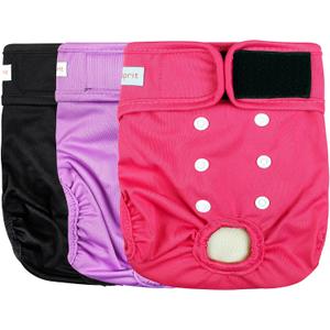 Langsprit Washable Female Dog Diapers (3 Pack) - No Leak Reusable Diapers for Doggy Female in Period - Highly Absorbent Dog Heat Panties with Adjustable Snaps (Black, Pink, Purple, Small)