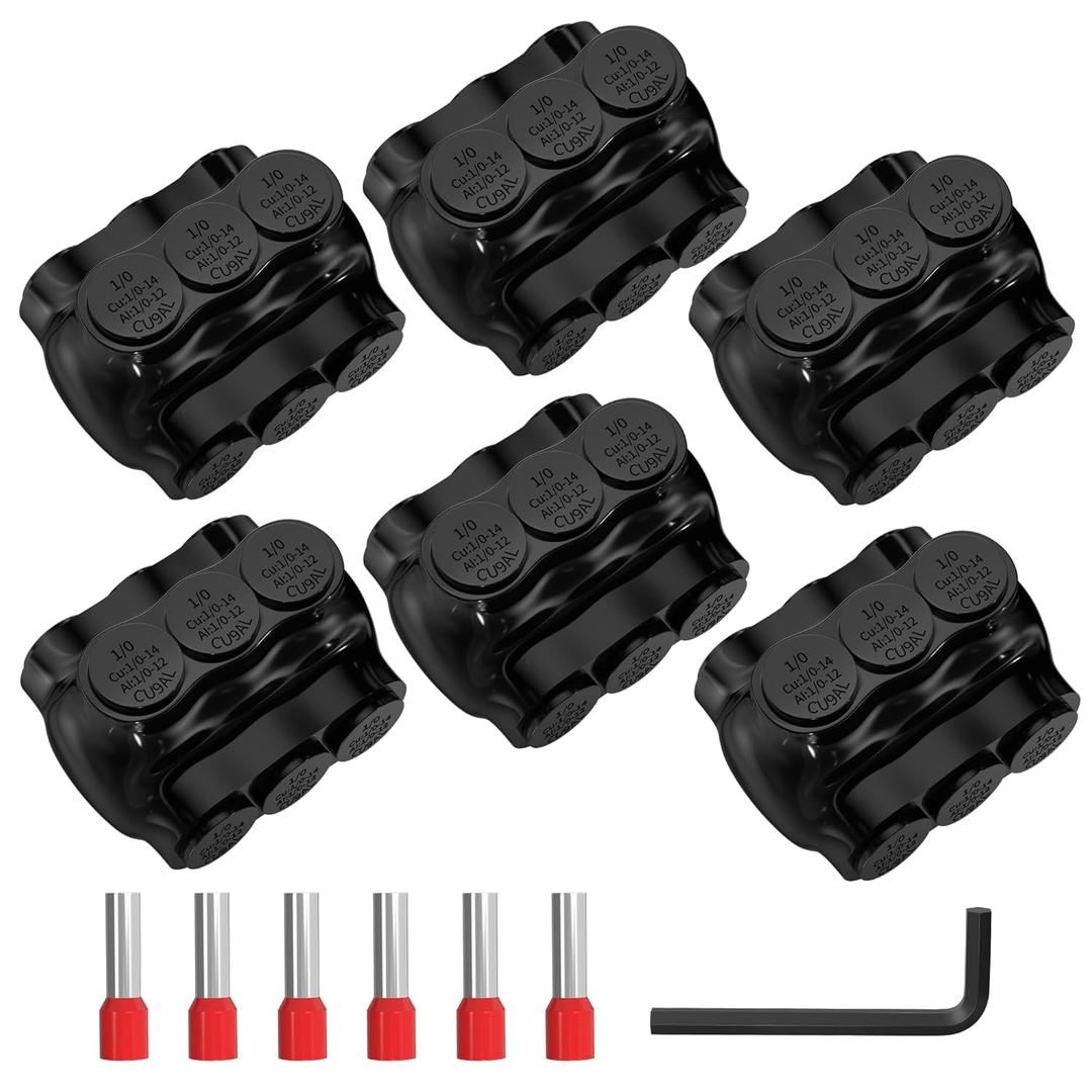 Joinfworld 3 Port Insulated Multi Tap Connector Dual Entry 1/0-14AWG Aluminum to Copper Wire Connectors Aluminum Insulated Wire Splice Connectors UL Listed with Slotted Allen Hex - 6 Pack