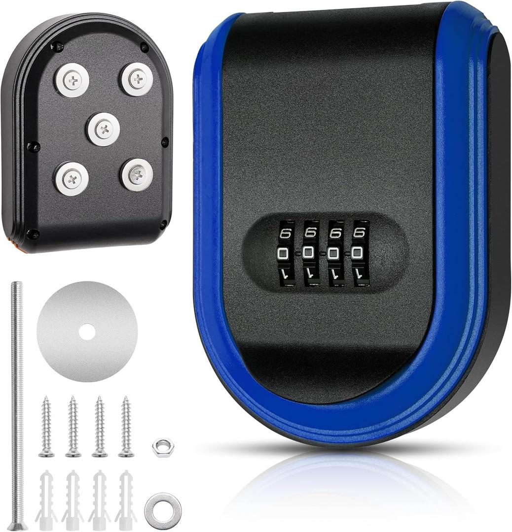 Magnetic Key Holder Under Car with Lock Combination, Digital Magnetic Key Lock Box with Code Wall Mounted, Security Hide for Outside Storage (Blue)