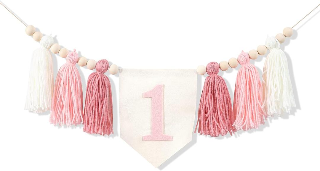 1st Birthday High Chair Banner,Pink Tassel Theme Banner For Girl,1st Birthday Photo Backdrop,Wall Hangings Decorative for Kids Bedroom Nursery Party Holiday Classroom Decoration (Pink)