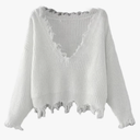 Women Y2k Tassel Hem Irregular Sweater Oversized Fringed V Neck Loose Knitted Pullover
, XL