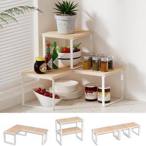 Golener Countertop Organizer Corner Shelf, 2 Tier Adjustable Stackable Corner Shelves for Kitchen, Bathroom, Spice Rack, Coffee Bar, Cabinet, Dresser Table, Corner Counter Shelf Stand, Natural Beige