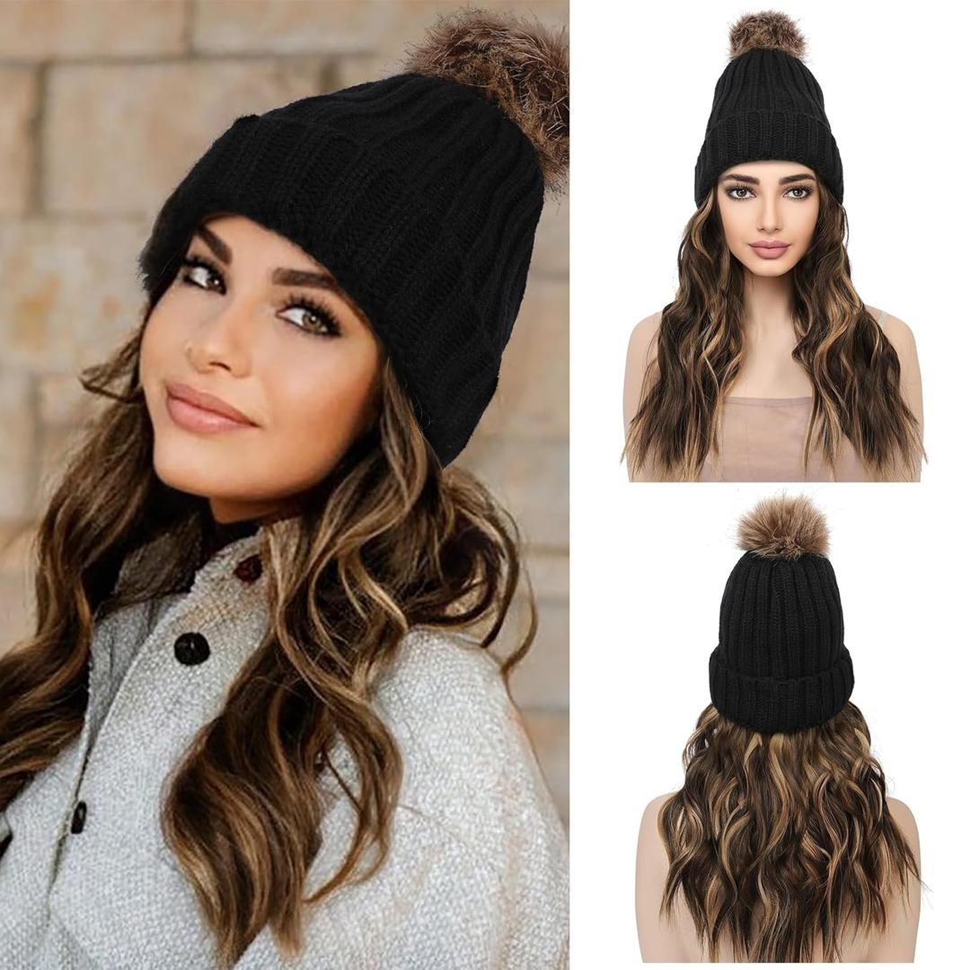 REECHO Warm Knitted Beanie Wig With 12" Beach Wavy Hair Extension - Synthetic Hairpiece for Women - Black Hat, Deep Brown With Highlights