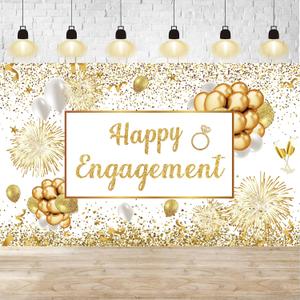 White Gold Engagement Party Decorations Happy Engagement Banner Large Engaged Banner Backdrop Decorations Congratulations Engagement Party Decor Just Engaged Banner Pre-Wedding Party Decor