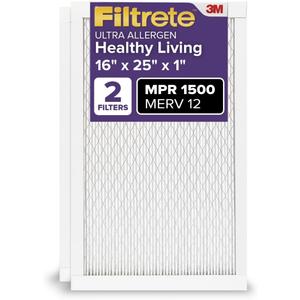 Filtrete 16x25x1 AC Furnace Air Filter, MERV 12, MPR 1500, CERTIFIED asthma & allergy friendly, 3 Month Pleated 1-Inch Electrostatic Air Cleaning Filter, 2-Pack (Actual Size 15.69 x 24.69 x 0.78 in)