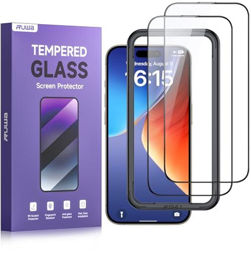 Ruwa Screen Protector for iPhone 15, iPhone 16 [6.1 Inch][2-Pack] Tempered Glass with Easy Installation Frame, HD Clear,Anti-Scratch, Full Coverage