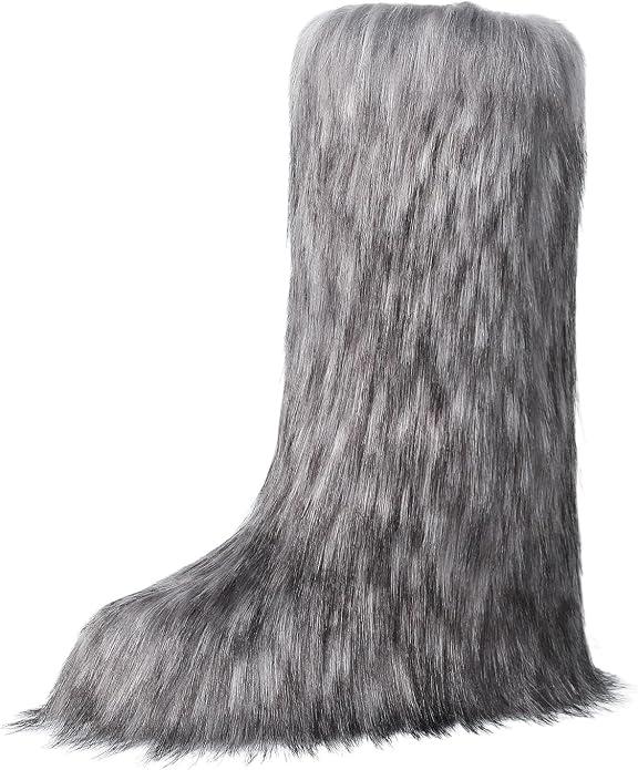 Women's Knee-High Faux Fur Boots - Furry Fluffy Warm Winter Snow Boots with Comfortable Round Toe for Cozy Outdoor and Indoor Use, Size 37