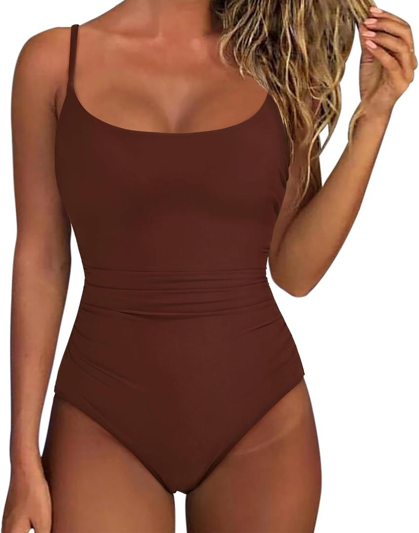 SUUKSESS Women One Piece Tummy Control Swimsuit Crisscross Backless Bathing Suit (Large, Reddish Brown)
