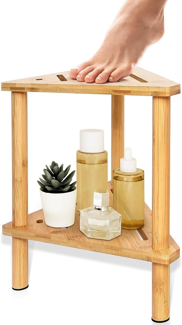 Shower Foot Rest 15in, Shower Stool for Shaving Legs, Waterproof Wood Corner Shower Stool with Storage Shelf for Inside Small Shower Spaces, Bamboo