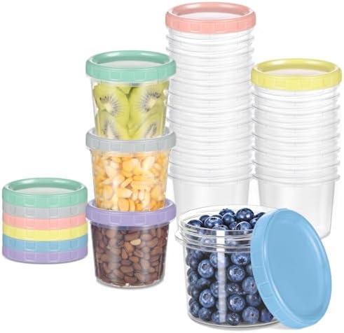 Yomarket 24pcs 10 oz Plastic Containers with Screw Lids, Reusable Clear Food Storage Containers with Pen and Brush for Snack Salad Fruit, Leakproof Small Freezer Container, Microwave & Dishwasher Safe