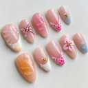 Luxury Press on Nails Medium Almond Handmade 3D Unique Reusable ABS Material Fake Nails French Tip False Nails with Designs Rhinestones Floral Art Petal Glossy Glue on Thick Acrylic Nails(M)