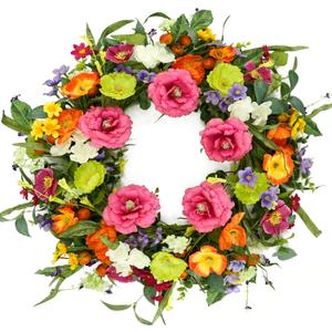 Artificial Spring Summer Wreaths for Front Door 22'' Peony Wreath Colorful Floral Wreath with Peony,Daisy,Poppy Flower Lavender for Indoor Outdoor Farmhouse Home Wall Window Festival Decoration