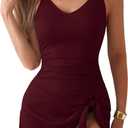 One Piece Swim Dress Swimsuits for Women Tummy Control Swimdress Skirt V Neck Bathing Suit (Large, Wine Red Ribbed)