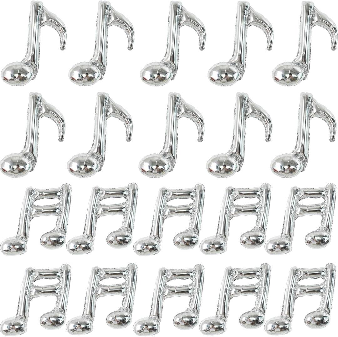 TONIFUL 20pc Music Balloons - Silver Music Notes Party Decorations - Aluminum Foil Balloons for Birthday, Baby Shower, Outdoor Party