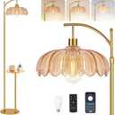 Gold Floor Lamp with Table and Shelves for Living Room Bedroom,Glass Standing Lamp with Remote Dimmable,Boho Brass Tall Lamp Vintage Farmhouse Arc Flower Floor Light Bohemian