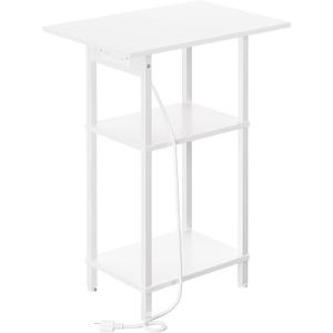 Asgolion Tall Side Table with Charging Station, Skinny End Table Nightstand with USB Ports and Outlets, 3 Tier Narrow Side Table with Storage for Bedroom, Living Room, Office, Nursery, White