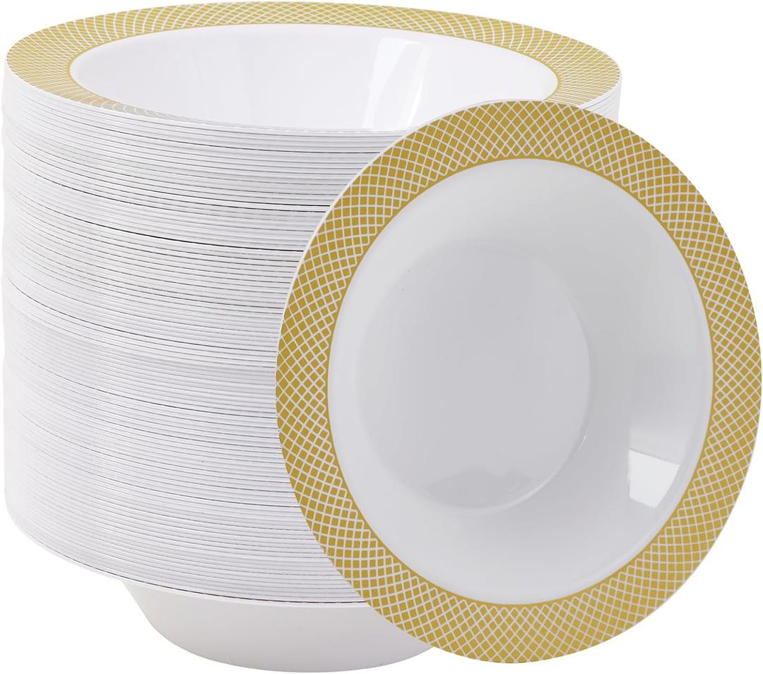 JOLLY CHEF 100 Disposable Plastic Bowls, 12oz Heavy Duty Disposable Dinner Bowls, Dessert Bowls with Gold Rim for Party, Dinners, Catering, Thanksgiving and Everyday Use