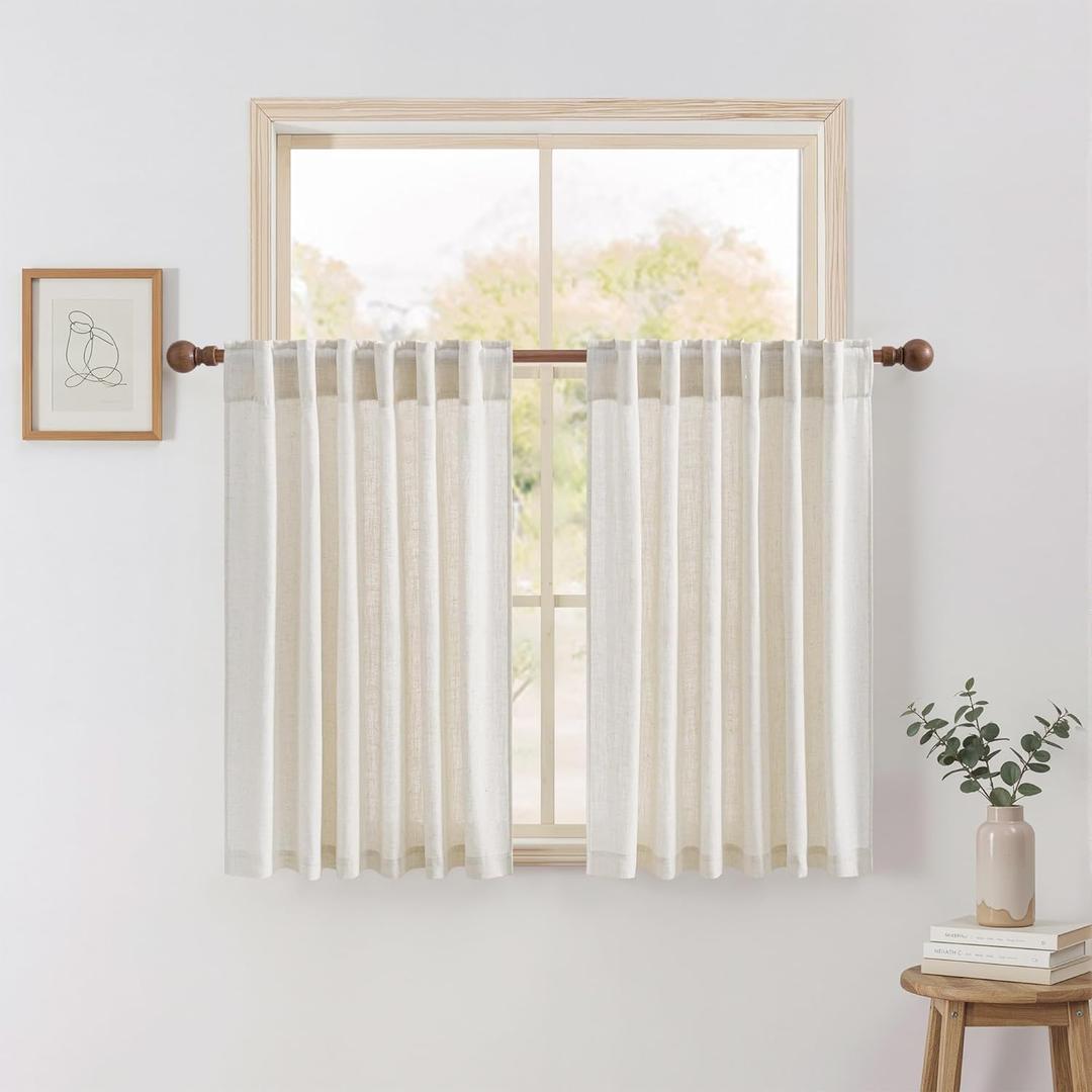 NICETOWN Linen Kitchen Curtains 36 Inch Length, Light Filtering Privacy Small Cafe Curtains 55" W, Linen Textured Elegant Short Window Treatments for Country Farmhouse Bedroom