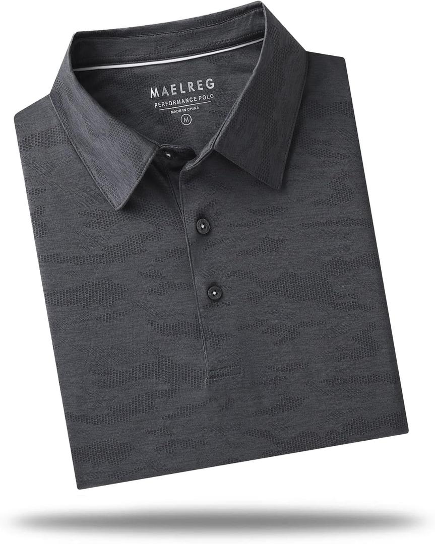 M MAELREG Golf Shirts for Men Moisture Wicking Jacquard Textured Active Casual Sport Collared Dry Fit Polos for Men Dark Grey Heather (Large)