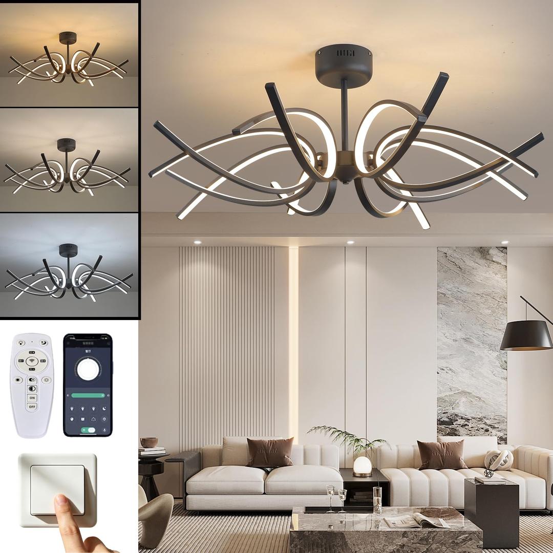 Modern LED Ceiling Light Fixture,110W 7700 Lumen,Ceiling Lamp for Kitchen Bedroom Study Living Room Office Dining Room,Dimmable Remote Control (Black -Ceiiling-BK224, Dia 37.4 x H 12.6 inch)