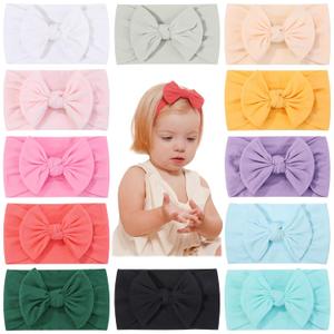 jollybows 12pcs Baby Nylon Headbands With Bow Elastic Hairband For Girls Newborn Infant Toddlers Kids Hair Accessories- Soft Light Color Set