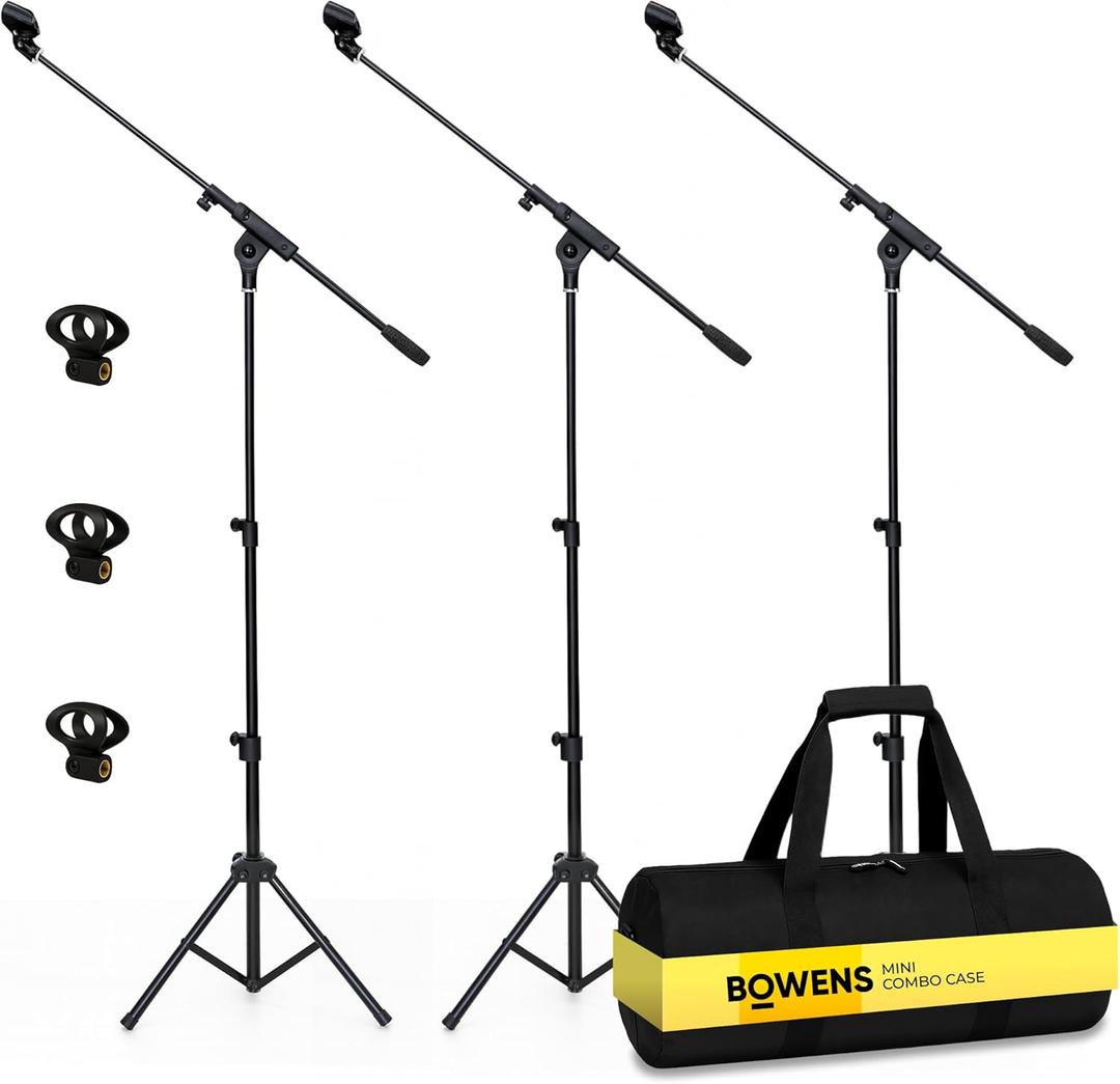 BOWENS 3 Set Adjustable Tripod Mic Stand Boom Arm (1870")  Microphone Stand floor for Singing Podcast with Universal Clips and Padded Carry Case