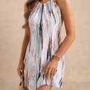 Women's Boho Print Halter Dress Tie Back Loose Beach Vacation Mini Dresses (S)