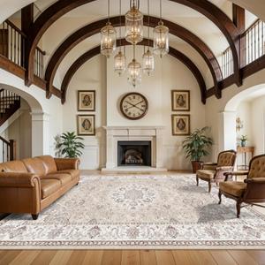 12x15 Living Room Area Rug: Oriental Large Neutral Bedroom Carpet Soft Distressed Floor Mat with Non-Slip Backing Indoor Ultra Thin Water-Resistant Dining Room Rug Farmhouse Home Decor(12x15 Beige)