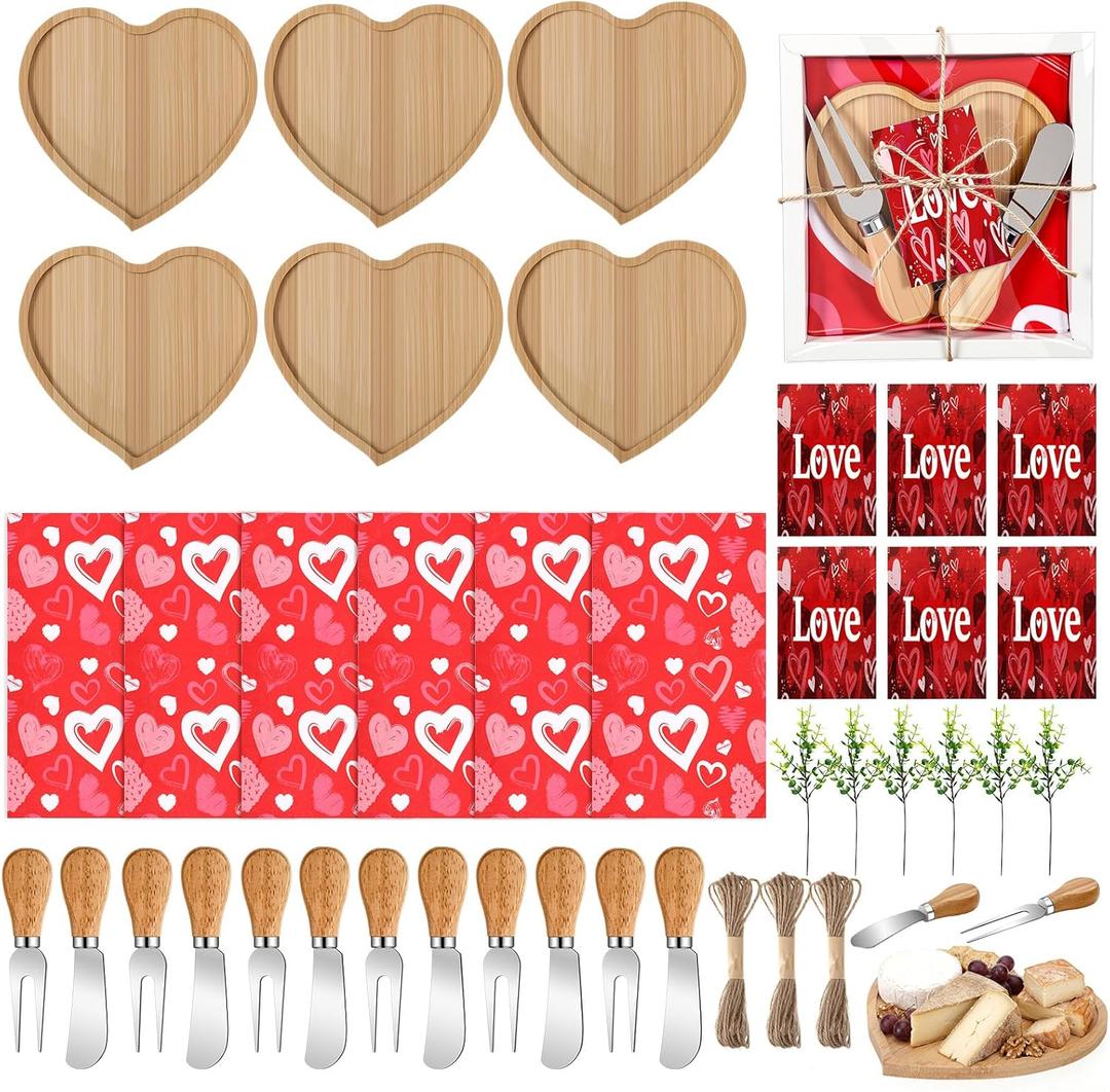 LemonRoad 12 Set Heart Shaped Charcuterie Board Gift Bamboo Serving Tray with Knives Forks Kitchen Towels Thank You Tags for Weddings Bridal Shower Valentines Housewarming Birthday Party Favors